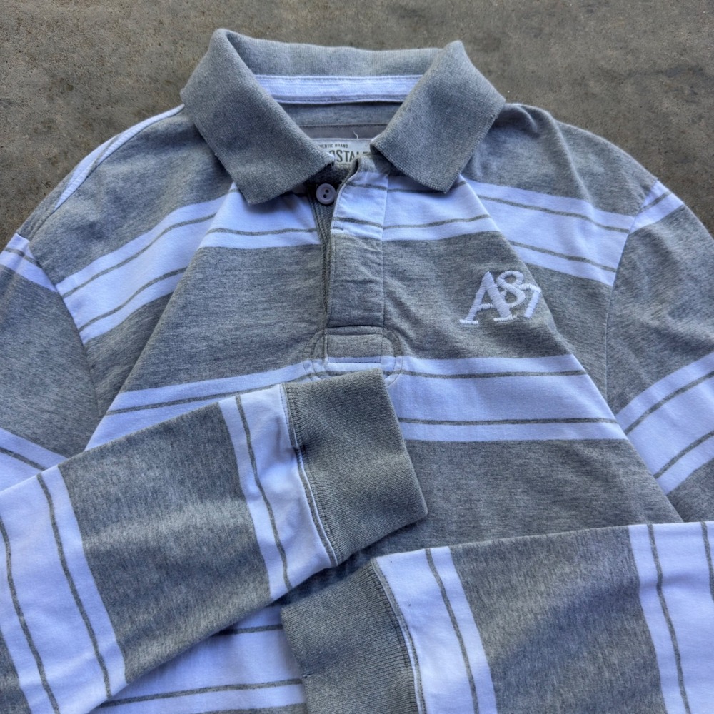 Vintage Y2K Aeropostale Rugby Shirt Polo Style Striped Grey Medium j4